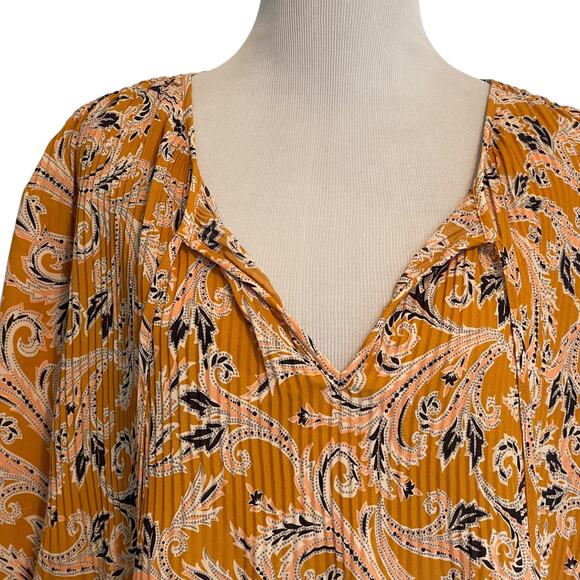 DR2 Mustard Paisley Blouse Womens Large Plisse Accordion Pleat Tassel Boho Top - Picture 5 of 11